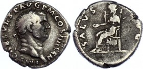 Roman Empire Denarius 73 AD Vespasian Salus
3,06 g; Obv: IMPCAESVESPAVGPMCOSIIIICEN - Laureate head right. Rev: SALVSAVG - Salus seated left, holding...