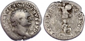 Roman Empire Denarius 79 AD Titus
2,94 g; Obv: IMP T CAESAR VESPASIANVS AVG: Head of Titus, laureate, right. Rev: TR POT VIII COS VII: Male captive k...