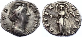 Roman Empire Denarius 148 - 161 AD Faustina Posthumous
 3,37 g; Obv: DIVAFAVSTINA - Draped bust right. Rev: AETERNITAS - Aeternitas standing left, ho...