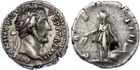 Roman Empire Denarius 154 AD Antoninus Pius Virtus
3,21 g; Obv: ANTONINVSAVGPIVSPPTRPXVII - Laureate head right. Rev: COSIIII - Annona standing left,...
