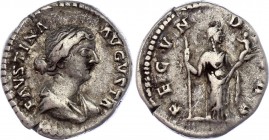 Roman Empire Denarius 161 - 175 AD Faustina
3,07 g; Obv: FAVSTINAAVGVSTA - Draped bust right.Rev: FECVNDITAS - Fecunditas standing right, holding sce...