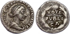 Roman Empire Denarius 164 AD Lucilla
3,19 g; Obv: LVCILLAAVGVSTA - Bust right, draped.Rev: No legend - Wreath, VOTA/PVBLI/CA within. 164 (Rome). RIC ...