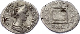 Roman Empire Denarius 180 - 183 AD Crispina
3,24 g; Obv: CRISPINAAVG - Draped bust right. ev: DISGENITALIBVS - Altar. 180-183 (Rome). RIC 281 (Commod...