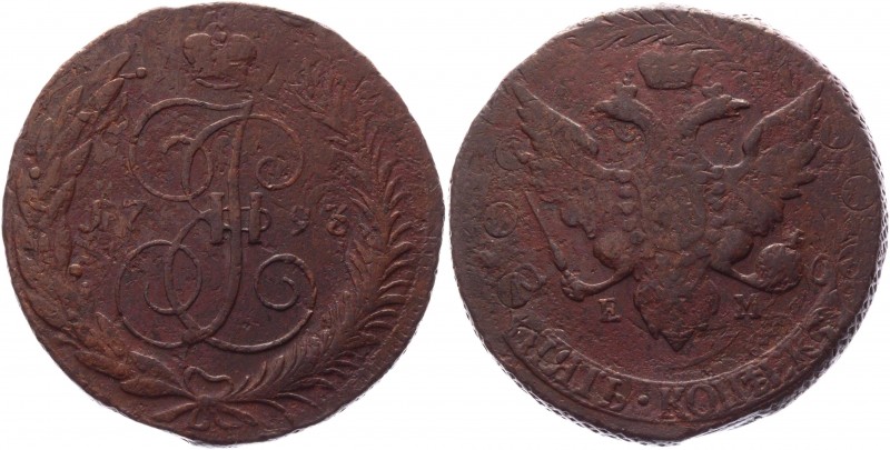 Russia 5 Kopeks 1793 EM Pauls Overstruck
Bit# P101; Copper 49,30g.; Perfect col...