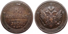 Russia 5 Kopeks 1808 EM Big Crown R1
Bit# 296(R1); Сopper; 0.75 Rouble by Petrov, 5 Roubles by Ilyin; VF