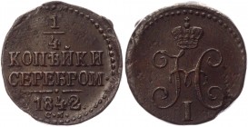 Russia 1/4 Kopek 1842 CM
Bit# 797; Conros# 241/10; Copper 2,12g.; XF+
