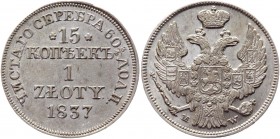 Russia - Poland 15 Kopeks - 1 Zloty 1837 MW
Bit# 1170; Silver 3,1g.; UNC