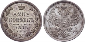 Russia 20 Kopeks 1875 СПБ HI
Bit# 226; Silver 3,55 g.; One side Prooflike and one side MS