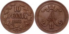 Russia - Finland 10 Pennia 1866 
Bit# 652; Conros# 487/2; Copper 12,78g.; UNC