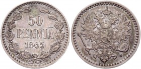 Russia - Finland 50 Pennia 1865 S
Bit# 633; Silver 2,5g.; AU
