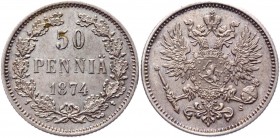 Russia - Finland 50 Pennia 1874 S
Bit# 639; Silver 2,4g.; AU