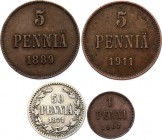 Russia - Finland Lot of 4 Coins 1871 - 1889
1 - 5 & 50 Pennia; With Silver; VF-XF
