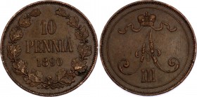 Russia - Finland 10 Pennia 1890 R
Bit# 243 (R); Copper 12.49g; XF