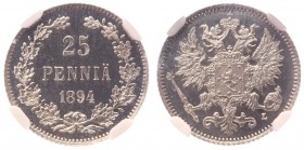 Russia - Finland 25 Pennia 1894 L
Bit# 239; Silver ; NGC PF65 Cameo