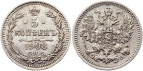 Russia 5 Kopeks 1908 СПБ ЭБ
Bit# 184; Conros# 170/72; Billon 0,92g.; XF+
