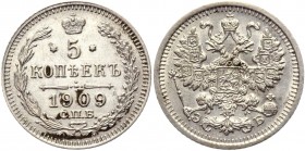 Russia 5 Kopeks 1909 СПБ ЭБ
Bit# 185; Conros# 170/73; Billon 0,91g.; UNC