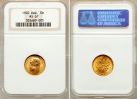 Russia 5 Roubles 1902 NGC MS67
Bit unknown as edge is not visible. Gold (.900) 4.3g