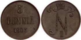 Russia - Finland 5 Pennia 1905 
Bit# 446; Copper 6.38g; aUNC