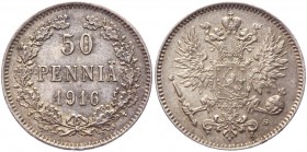 Russia - Finland 50 Pennia 1916 
Bit# 407; Conros# 485/20; Silver 2,51g.; UNC (MS?)