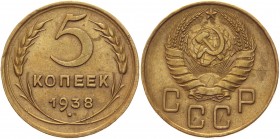 Russia - USSR 5 Kopeks 1938 
Y# 108; Aluminum-Bronze 5,09g.; UNC.