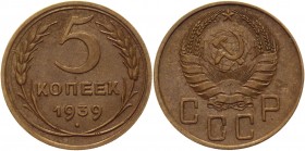 Russia - USSR 5 Kopeks 1939 
Y# 108; Aluminum-Bronze 4,86g.; UNC.