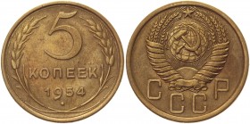 Russia - USSR 5 Kopeks 1954 
Y# 115; Aluminum-Bronze 5,07g.; UNC.