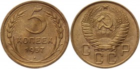 Russia - USSR 5 Kopeks 1957 
Y# 115; Aluminum-Bronze 4,91g.; UNC.