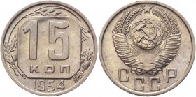 Russia - USSR 15 Kopeks 1954 
Y# 117; Copper-Nickel 2,78g.; UNC.