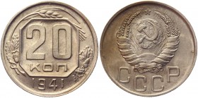 Russia - USSR 20 Kopeks 1941 
Y# 111; Copper-Nickel 3,56g.; UNC.