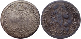 Austria 3 Kreuzer 1671 
KM# 1245; Herinek# 1415; Silver 1.42g.; Leopold I; Mint: Hall; VF