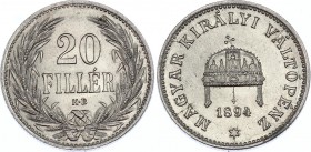 Hungary 20 Filler 1894 KB
KM# 483; Franz Joseph I; UNC with Full Mint Luster!