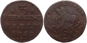 German States Anhalt-Bernburg 3 Pfennig 1753 
KM# 38.1; Mann# 68; Schön# 53; Copper 6.56g.; Victor II Friedrich; VF