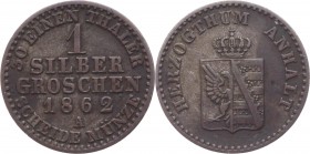 German States Anhalt-Bernburg 1 Silbergroschen 1862 A
KM# 95; AKS# 23; J# 69; Alexander Carl; Silver 2.13g.; VF-XF