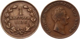 German States Baden 1 Kreuzer 1836 
KM# 203; Copper 3.68g.; Leopold I; XF-AUNC
