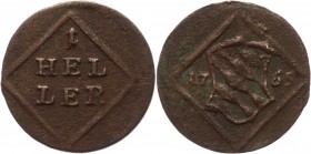German States Bavaria 1 Heller 1765 
KM# 521; Copper 0.53g.; Maximilian III Jozeph; VF-XF