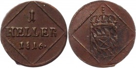 German States Bavaria 1 Heller 1816 
KM# 679; Copper 0.66g.; Maximilian IV Jozeph; VF-XF