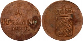 German States Bavaria 1 Pfennig 1821
KM# 680; Copper 1.24g.; Maximilian IV Jozeph; VF