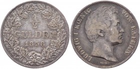 German States Bavaria 1/2 Gulden 1838 
KM# 794; Silver 5,18g.; Ludwig I; VF-XF