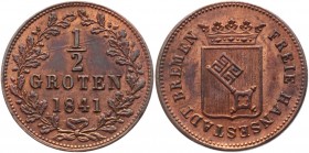 German States Bremen 1/2 Groten 1841 
KM# 236; AKS# 16; J# 9; Copper 3.09g.; AUNC
