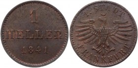 German States Frankfurt 1 Heller 1841 
KM# 327; AKS# 33; J# 17; Copper 1.63g.; XF
