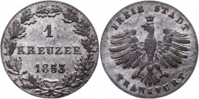 German States Frankfurt 1 Kreuzer 1853 
KM# 312; AKS# 25; J# 18; Silver 0.80g.; XF