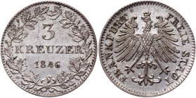 German States Frankfurt 3 Kreuzer 1846 
KM# 334; AKS# 23; J# 24; Silver 1.30g.; AUNC