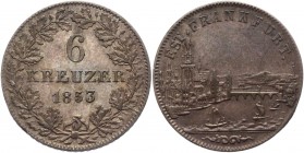 German States Frankfurt 6 Kreuzer 1853 
KM# 350; AKS# 20; J# 30; Silver 2.74g.; XF