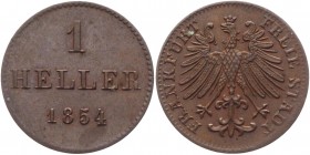 German States Frankfurt 1 Heller 1854 
KM# 351; AKS# 34; J# 29; Copper 1.57g.; XF-AUNC