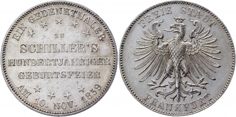 German States Frankfurt 1 Thaler 1859 
KM# 359; Silver 18,48g.; Schiller Centen...