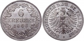 German States Frankfurt 6 Kreuzer 1866 
KM# 374; AKS# 21; J# 36; Silver 2.55g.; AUNC