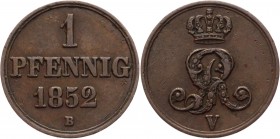 German States Hannover 1 Pfennig 1852 B
KM# 216; AKS# 154; J# 82; Copper 2.26g.; Georg V; VF-XF