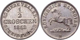 German States Hannover 1/2 Groschen 1863 B
KM# 235; AKS# 151; J# 92; Silver 1.08g.; Georg V; AUNC