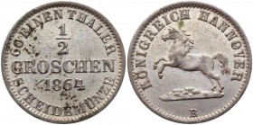 German States Hannover 1/2 Groschen 1864 B
KM# 235; AKS# 151; J# 92; Silver 1.07g.; Georg V; XF-AUNC