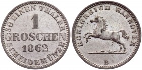 German States Hannover 1 Groschen 1862 B
KM# 236; AKS# 149; J# 93; Silver 2.16g.; Georg V; AUNC